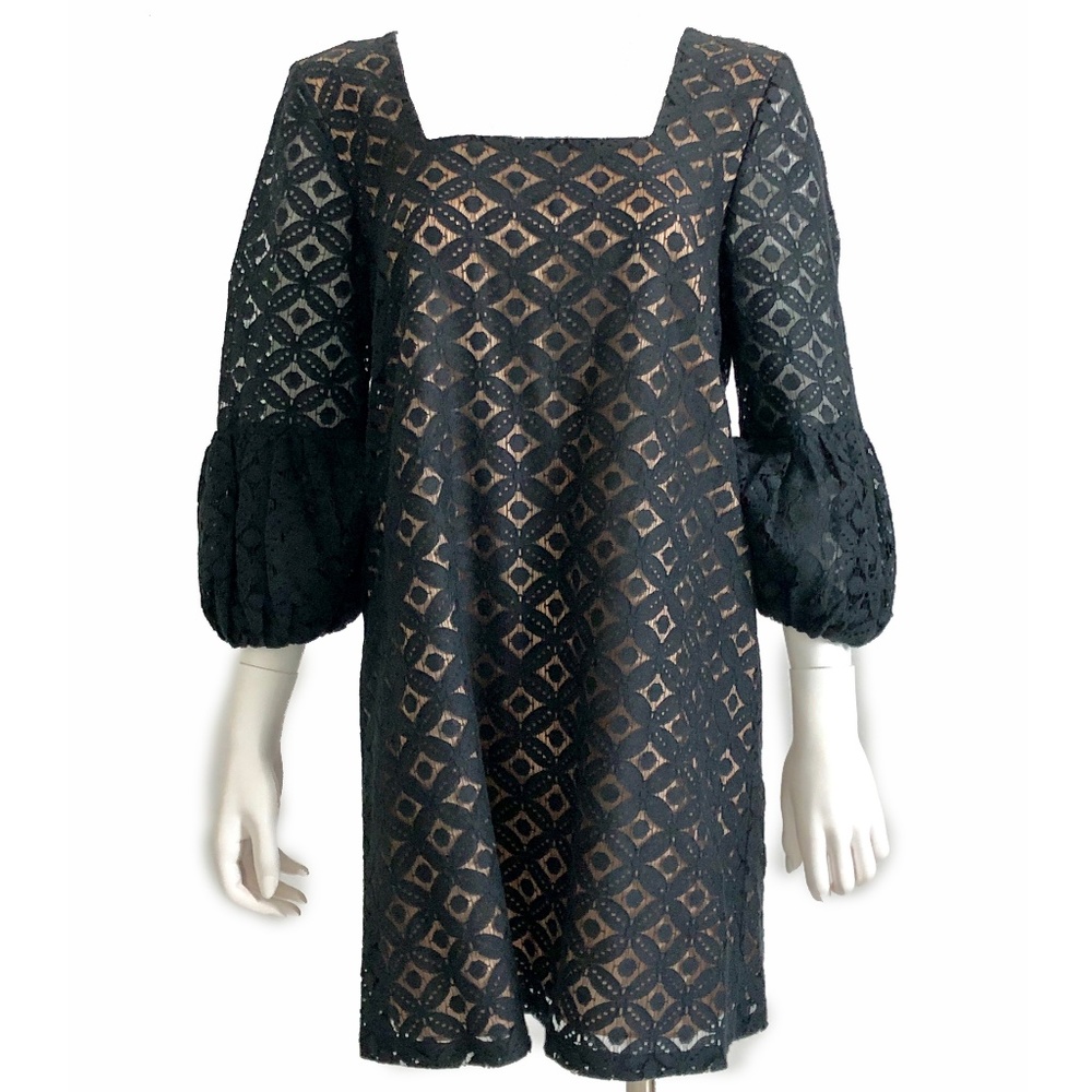 Anna Sui for Anthropologie Dress Black Illusion Lace Puff Sleeves Size 8